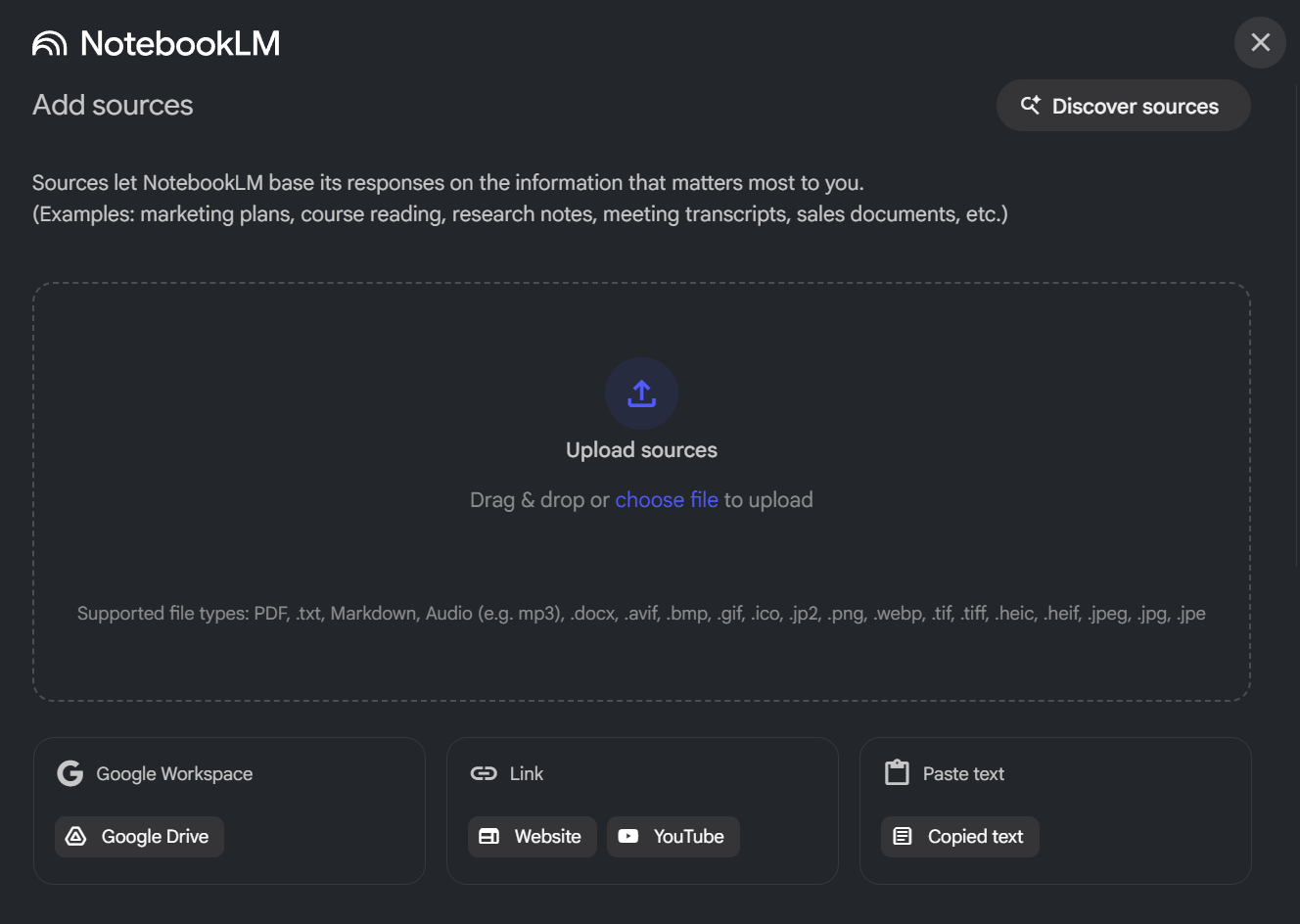 Last opp kilder i Google NotebookLM