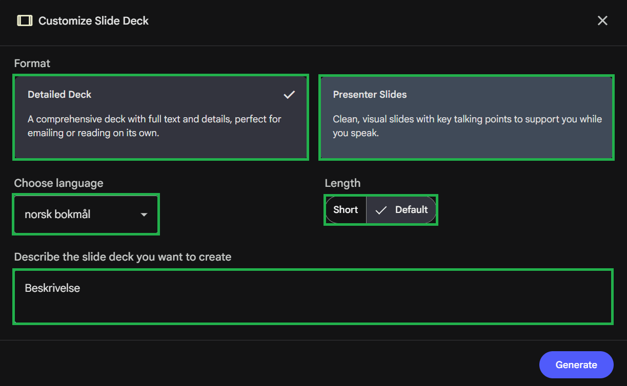 Tilpass presentasjonen i Slide Deck