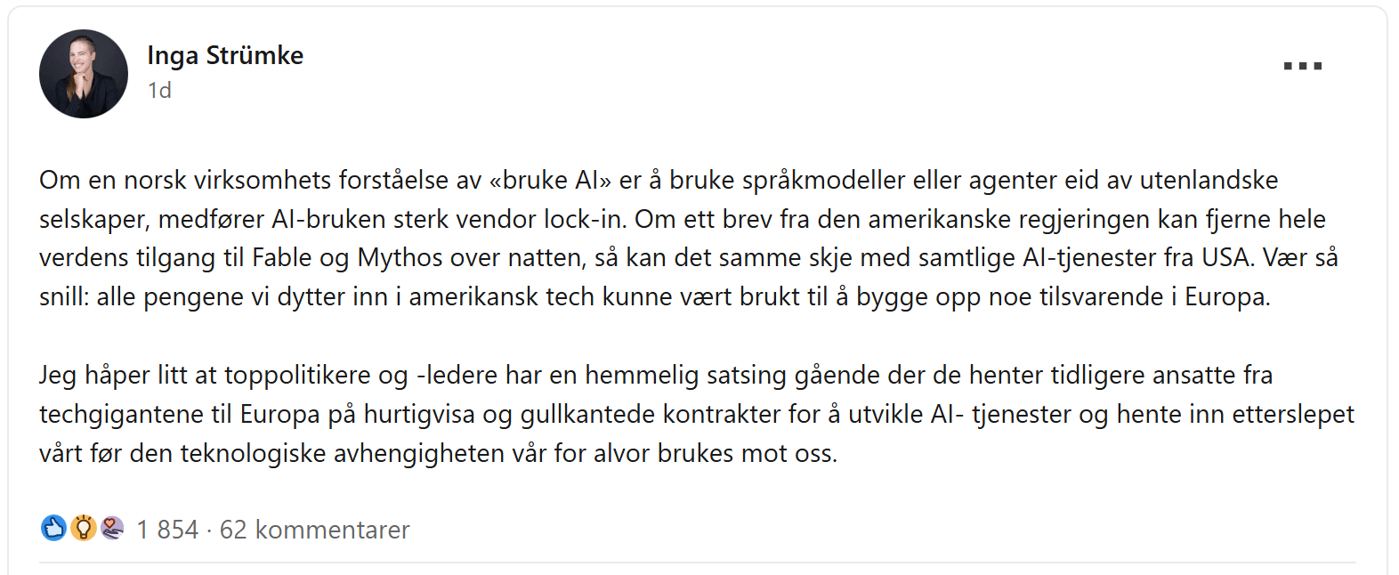 Inga Strumke advarer om amerikansk avhengighet